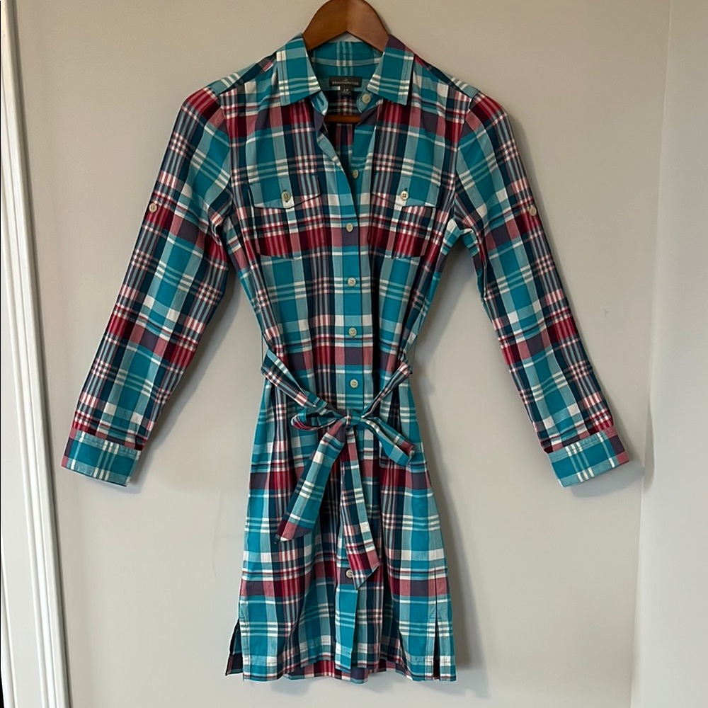 LL Bean Plaid Button-Up Dress with Belt